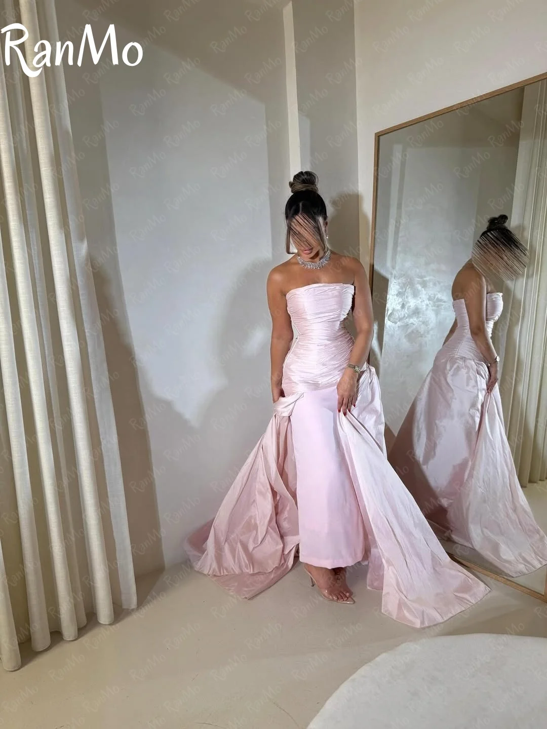 Ranmo Simple Pink Mermaid Evening Dress Strapless Pleats Ankle-Length Sleeveless Prom Dresses فساتين سهرة Customized