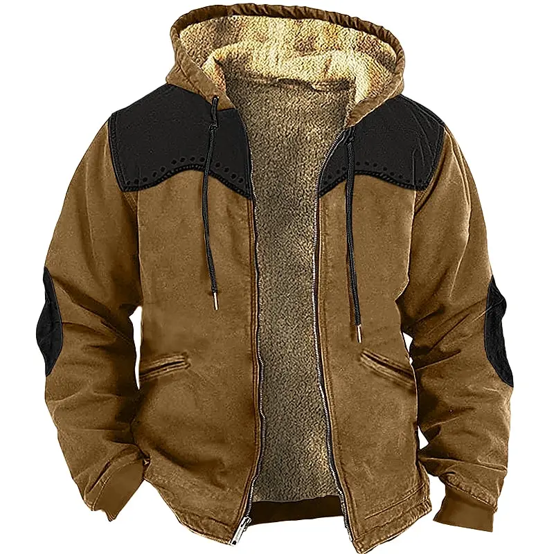 Men's Zipper Hoodies Winter Fleece Parka Coats Splicing Solid Color Jackets Daily Sweatshirts Outerwear Hooded Zip-up Overcoat