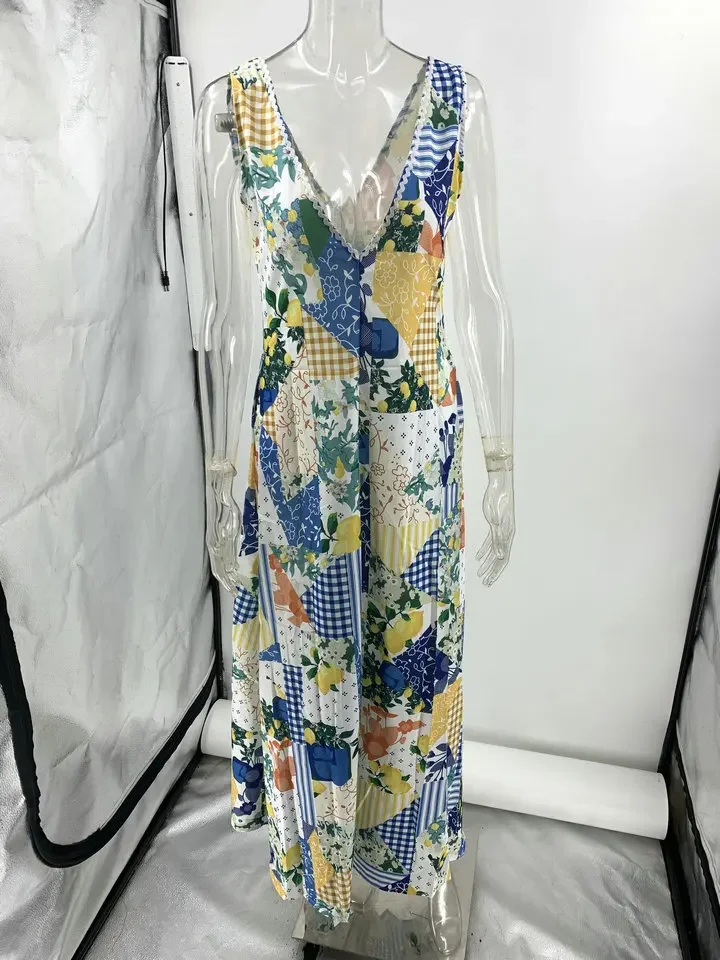 Cpsymym moda sexy profundo decote em v praia férias vestido de verão feminino impressão bolso sem mangas magro elegante feminino escritório dresse