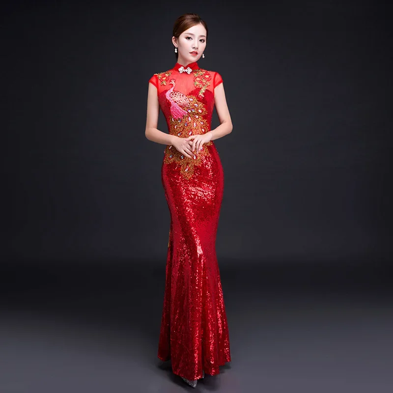 

2024 Oriental Womens Wedding Short Sleeve Red Sequin Dress Cheongsam Party Qipao Chinese Style Elegant Long Robe Clothes Vestido