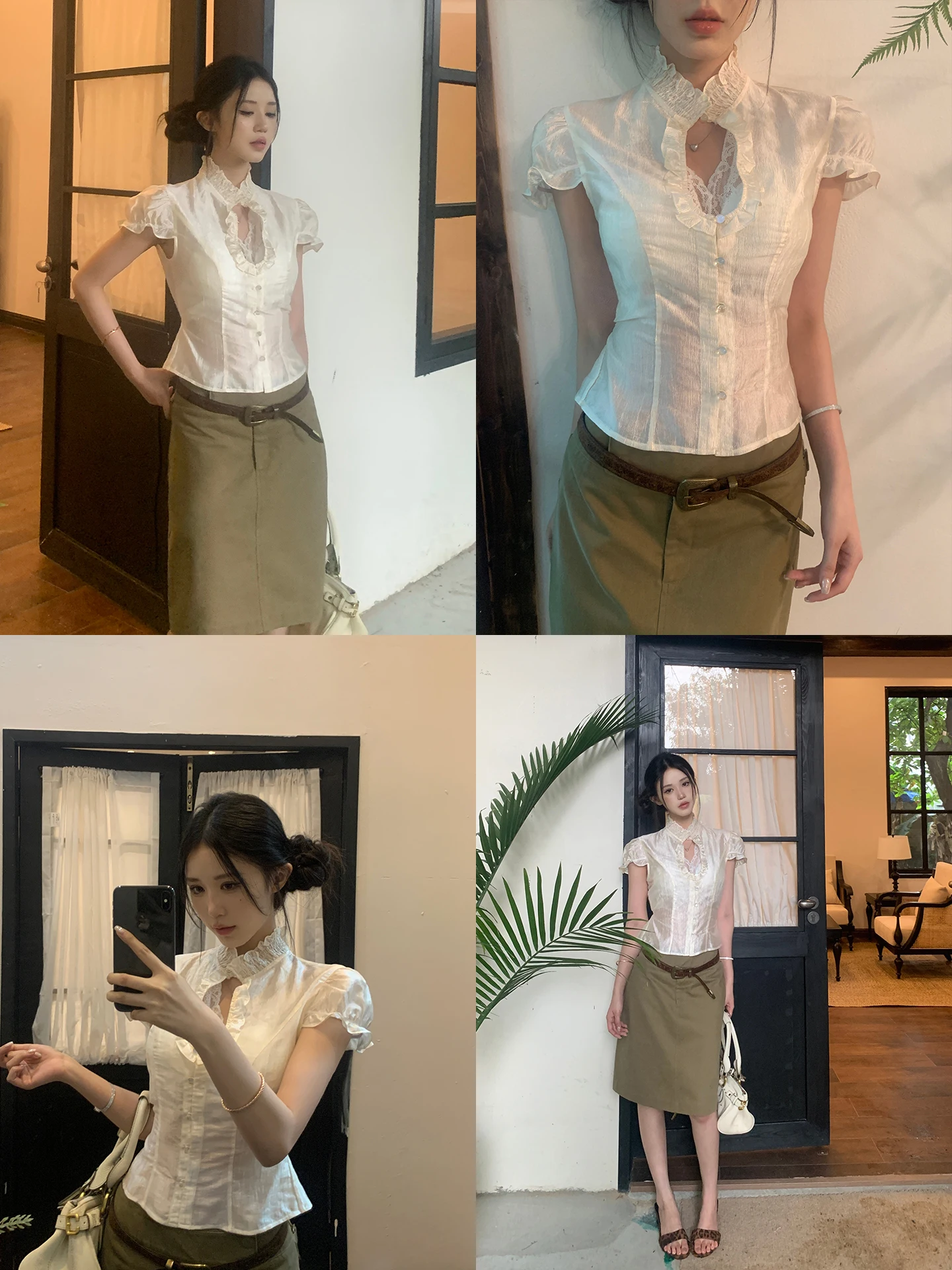

Elegant Lace Short Sleeve Shirt Women's Style Beautiful Fashionable Small Capitalist Style Commute Simple Fit Nylon Fiber