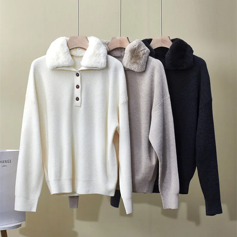 Sweater Kasmir Musim Dingin Kerah Bulu Lepas Model Longgar Serbaguna Rajutan Tebal