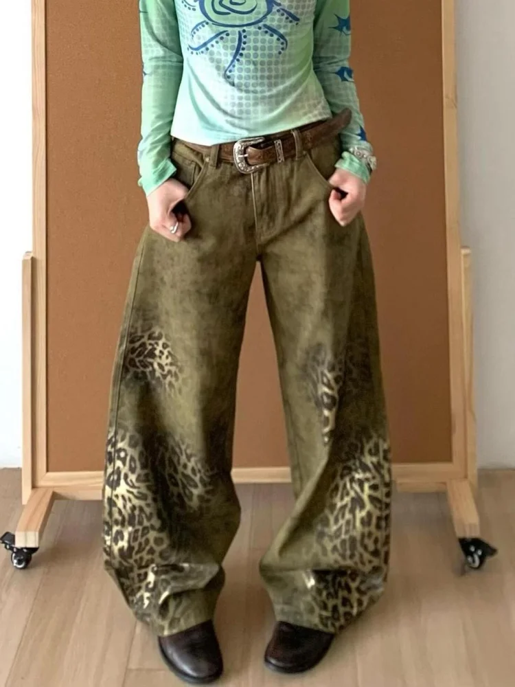 2025 Trend Y2K Style Vintage Leopard Baggy Women's Jeans Pants Straight Woman Clothing Punk Gothic Long Trousers Pantalon Femme