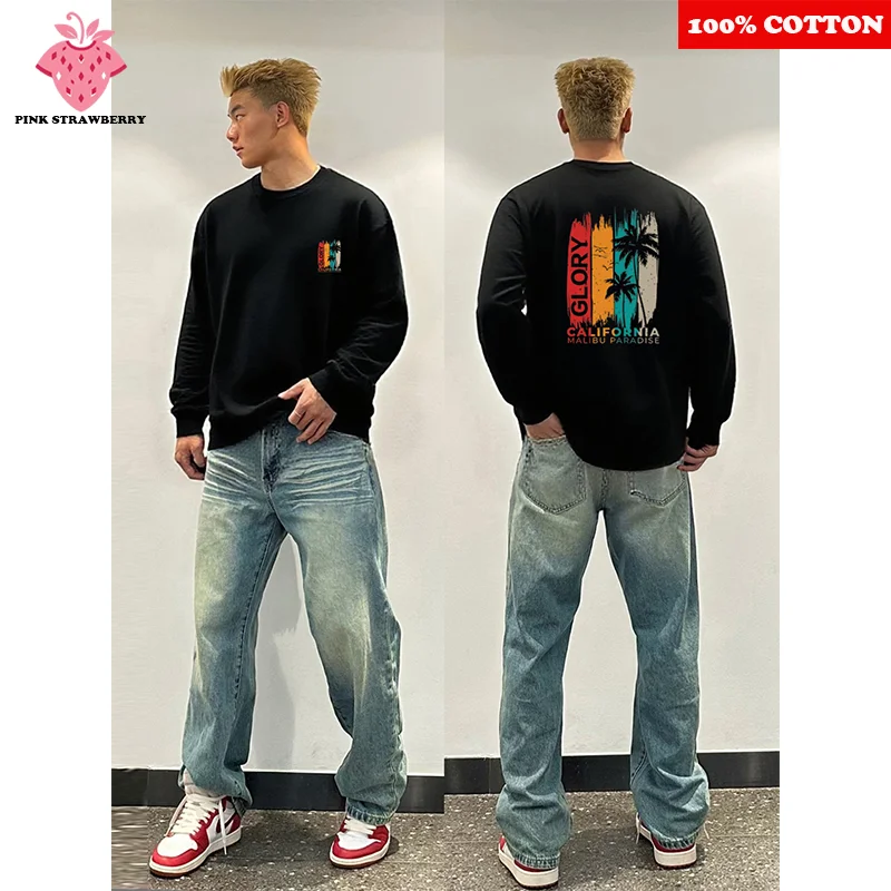 American California Print T-shirt Men Autumn 2025 New 100% Cotton Black Long sleeves Sports Gym T-shirt Y2k Tops Male clothing