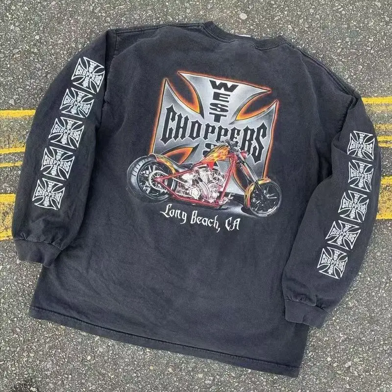 

Y2k Washed Vintage T-shirt West Coast Fashion Streetwear Graphics Print Casual Men Long Sleeve Tops Retro Oversize T Shirt