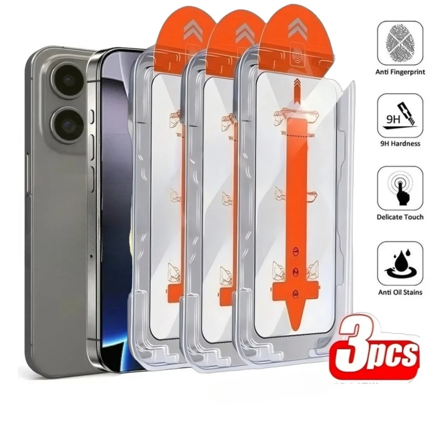 

3Pcs HD Clear Screen Protector for iPhone 17 16 15 14 Pro Max 16e 13 11 12 Pro 14 15 Plus XR XS One Click Install Tempered Glass