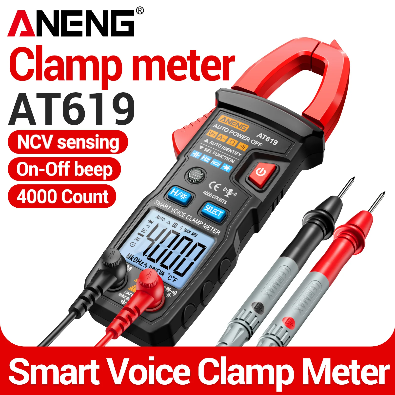 ANENG AT619 Digital Clamp Meter Voice Broadcast 4000 Counts NCV AC DC 600V 600A Diode Beep Backlight Auto Off Electrician Tester