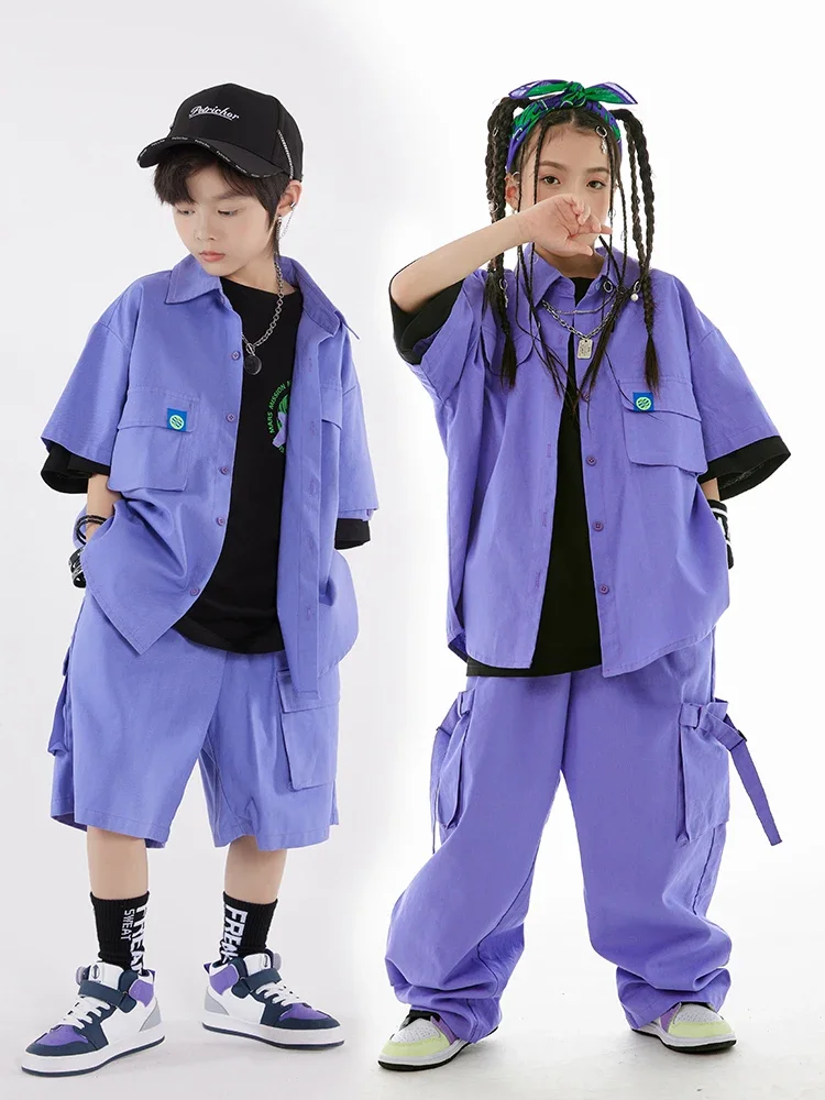 Kids Hip Hop Clothing Blue Loose Short Sleeves Shirt Coat Pants Boys Drum Street Dance Outfit Girls Jazz performance Suit