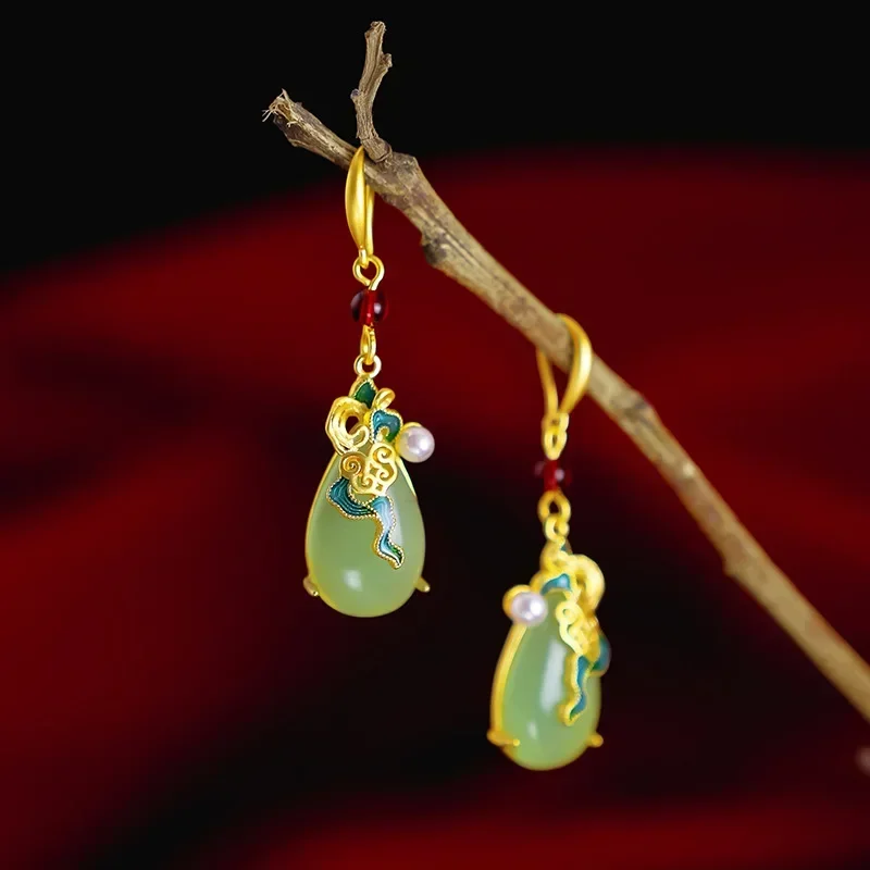 

9999 Real Gold 24K Women's Gold Inlaid Jade Earrings National Style Water Drop Jade Pendant Earrings Ethnic Style