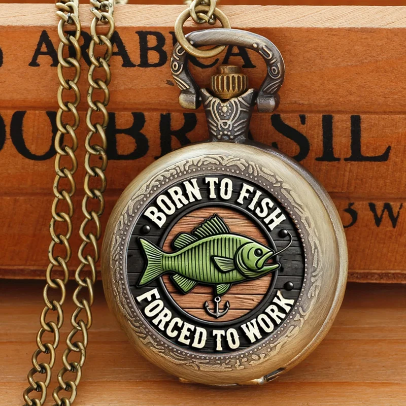 Exquisite BORN TO FISH Pattern Design Quartz Pocket Watch with Pendant Chain - World Time Feature, Great Gift for Men and Teens