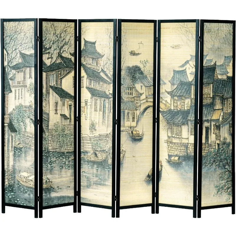 6 Panel  Freestanding Bamboo Room Divider Privacy Partition with Dual-Sided Vintage Asian Water Village Ink Brushed