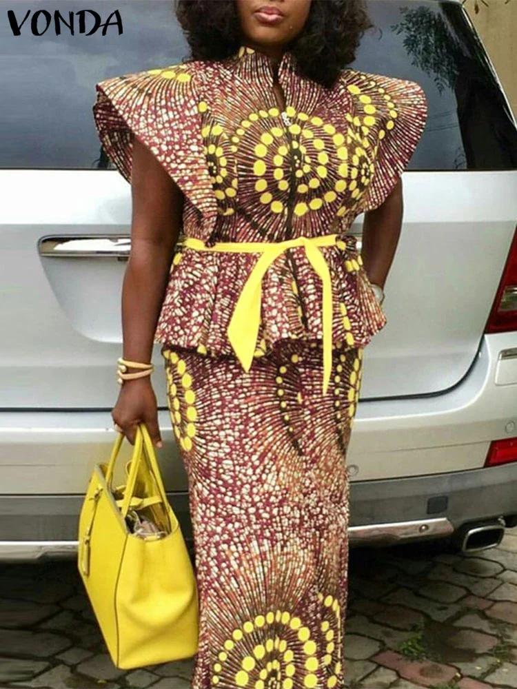 حجم كبير 5XL فوندا البوهيمي طباعة أطقم فساتين المرأة الصيف سستة قصيرة الأكمام خمر مربوط قمصان التنانير الطويلة 2 قطعة وتتسابق #1