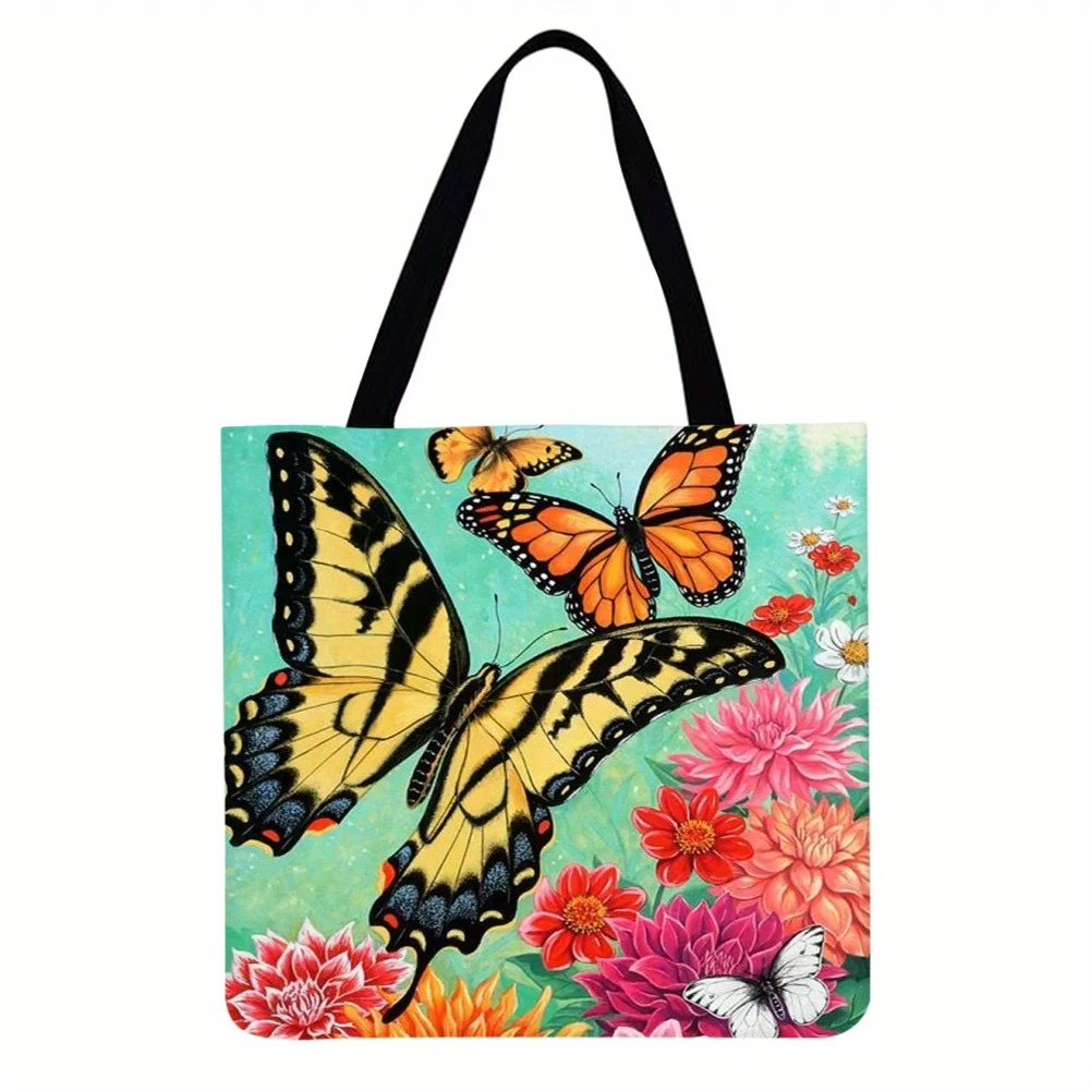 1pc Butterfly Pattern ShopperBags Reusable Handbag Large Capacity Vintage Shoulder Bag Linen Fabric Bag