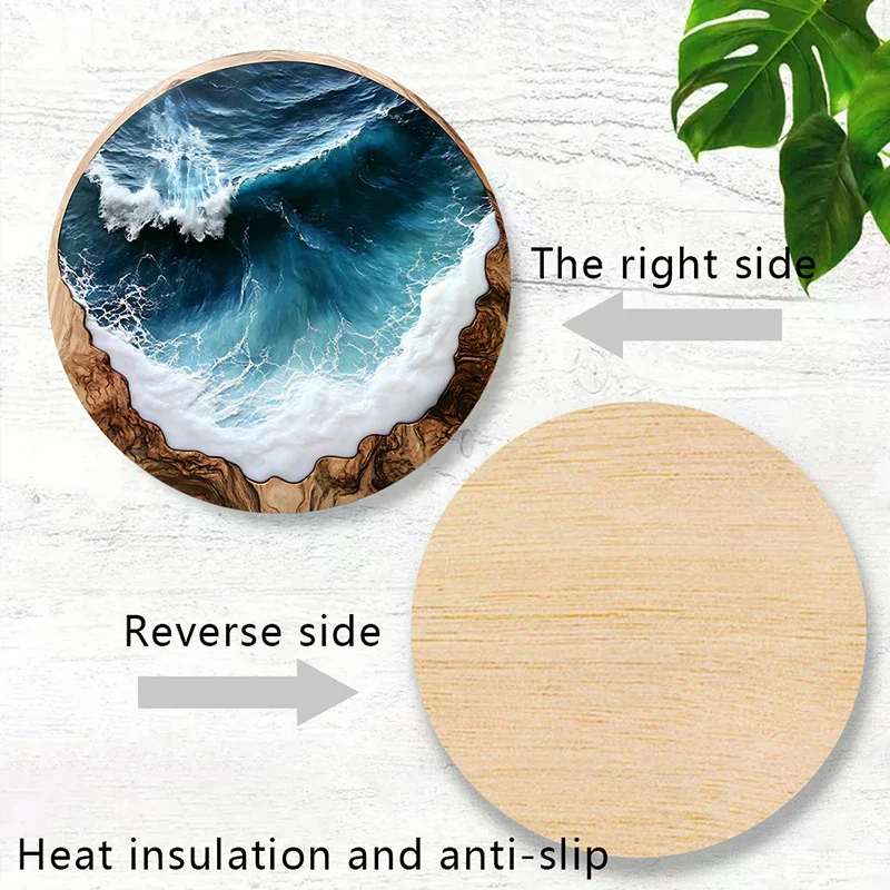 4/6 Pcs Blue Ocean Round Wooden Coasters & Placemats Set Home Cafe Party Table Decor Durable Drink Coasters For Stylish Dining