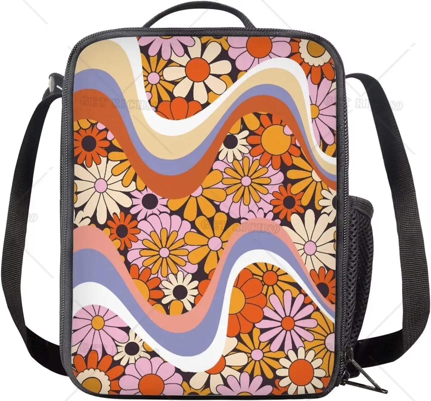 Swirl Wavy Hippie Flower Lunch Tote Bags Kids Girls Insulated Lunchbox Thermal Cooler Lunch Pouch Back To School Easy To Clean