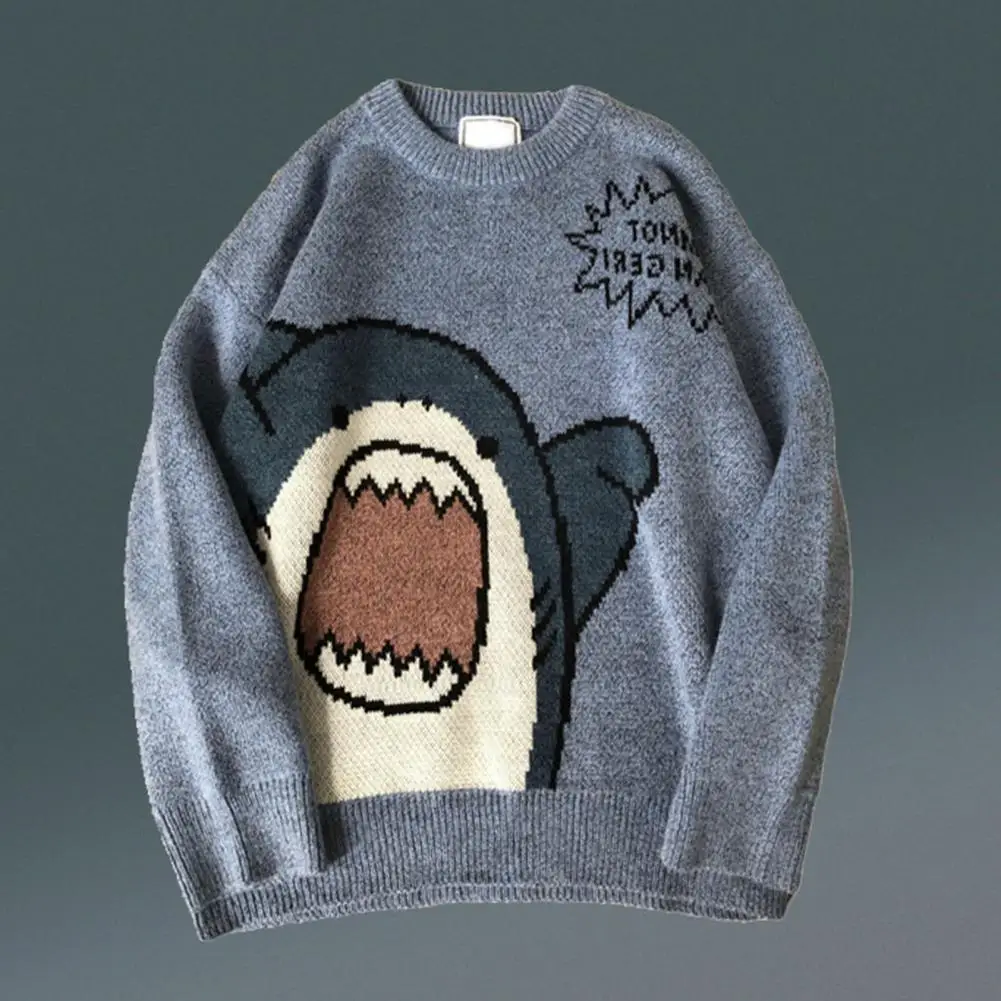 Women Men Sweater Cartoon Shark Print Round Neck All Match Long Sleeve Oversized Pullover Top Harajuku Hip Hop Loose Knit Jumper