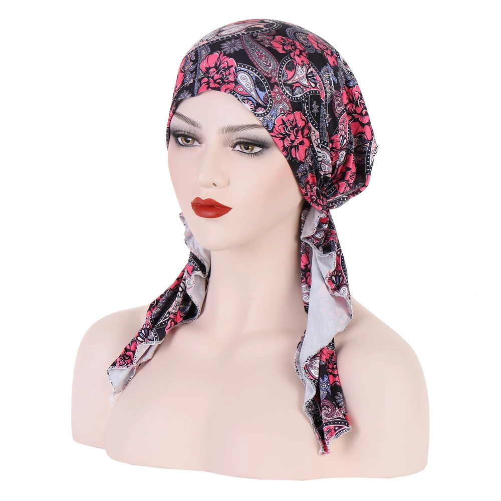 Casquette de chimio imprimée pour femmes, Bonnet africain, Hijab musulman, foulard à deux queues, chapeau contre le Cancer, couvre-chef pré-attaché pour perte de cheveux, nouvelle collection 2025