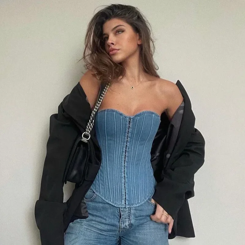 

Street Style Denim Corset Top Casual Button Up Strapless Crop Tees Women Fashion Vintage y2k Bandage Tube Tops Harajuku