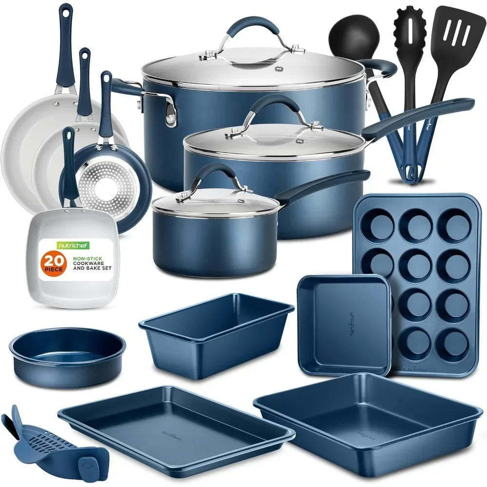 NutriChef 20-Piece Nonstick Kitchen Heat Resistant Silicone Handles Cookware Bakeware Set w/Saucepan, Frying