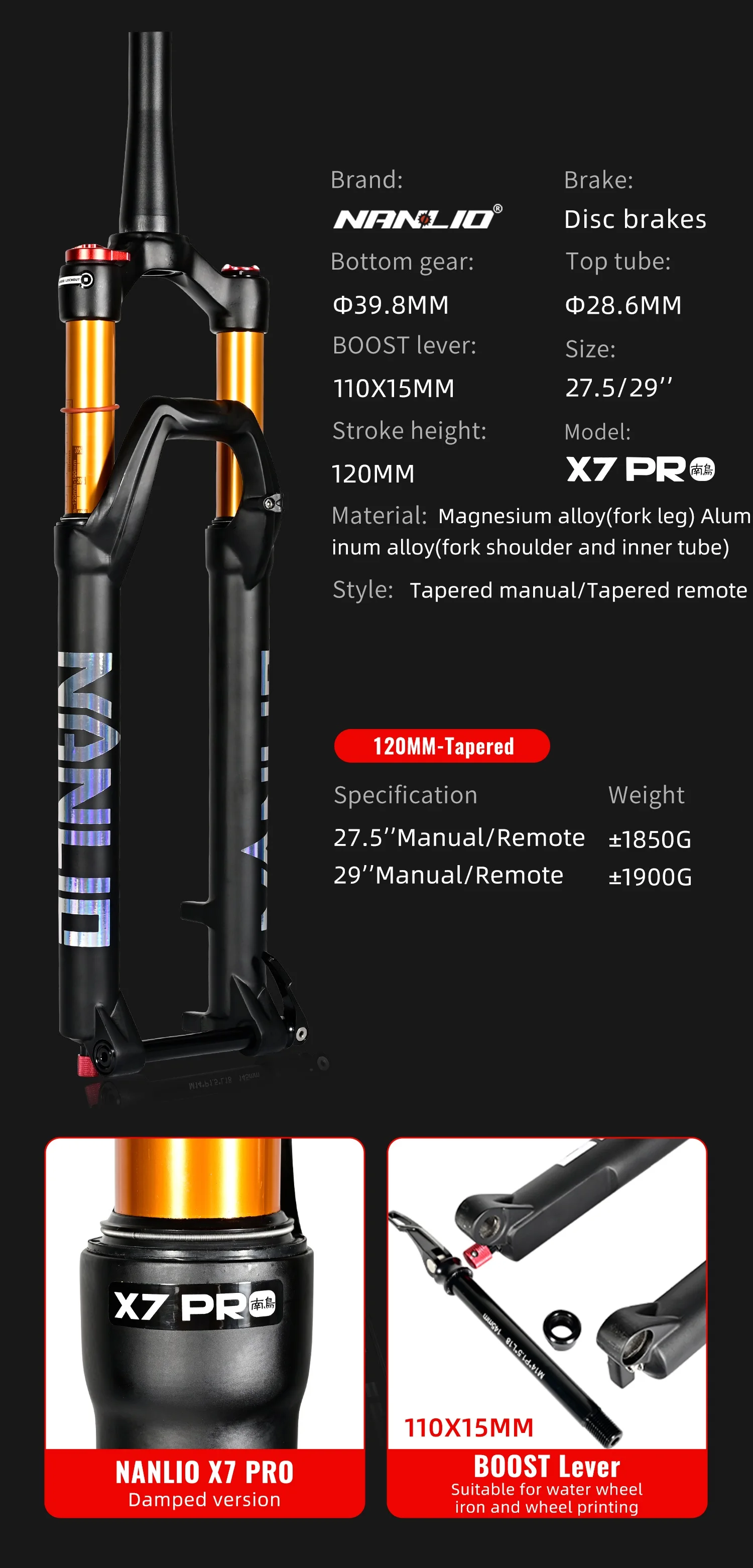 NANLIO X7 PRO MTB Luftfederungsgabel 26 27,5 29 Zoll 120 140mm Federweg mit Rückprall-Einstellung Metallbuchsen Schwarz Gold Fahrradgabel – Detail 9
