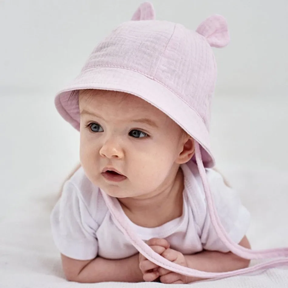 Newborn Baby Hat Infant Muslin Bucket Hat Kids Bear Ears Summer Beach Sun Caps Boys Girls Easter Hats For Toddlers 3-12 Months