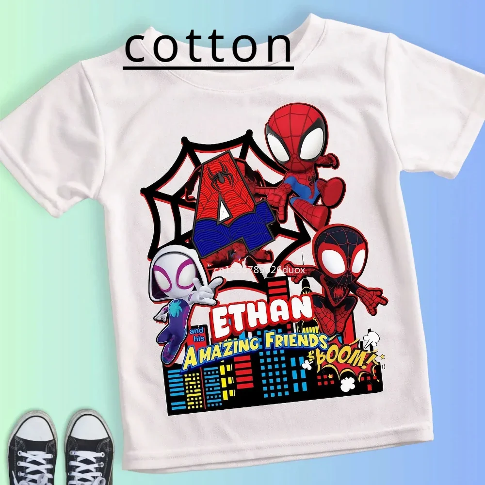 Spider Man and His Friends Children T-Shirt Summer Cotton Kid Clothes Numble 2 3 4 5 6 7 8 9 Birthday Party Boy Baby White Tee