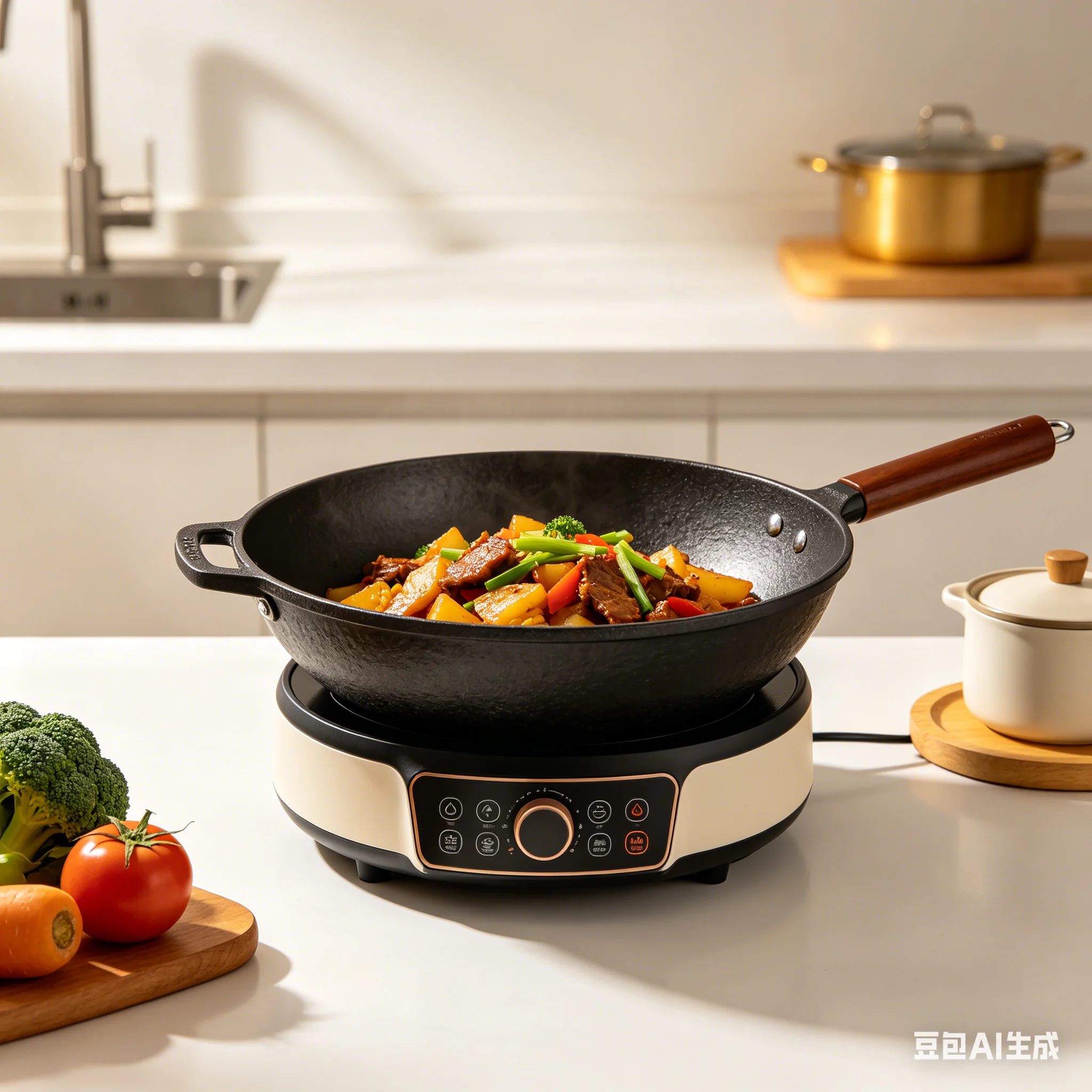 Wok Eléctrico Multifuncional de Hierro Fundido para el Hogar, Olla Eléctrica para Freír, Cocinar al Vapor, Guisar y Preparar Hot Pot