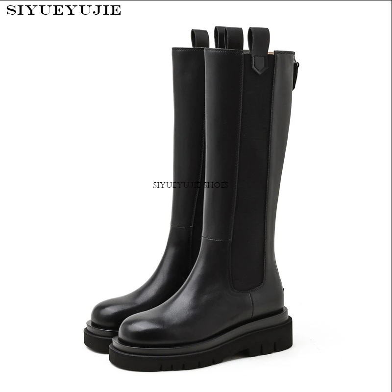 Platform Genuine Leather Women Knight Long Boots Fashion Warm Fur Shoes Autumn Winter Square Heels Ladies Knee High Booties