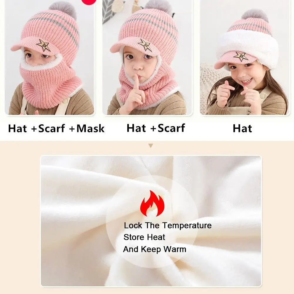 Windproof Winter Warm Balaclava Hat Scarf Kids Beanie Hats Hooded Scarf Earflap Fleece Lining Baseball Caps Knitted Cap