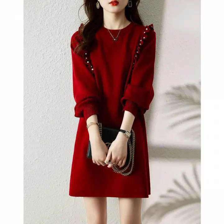New Autumn and Winter Outfit with Coat Woolen Dress Women\'s Round Neck Loose Fit Long Sleeves and Knitted Dress Inside