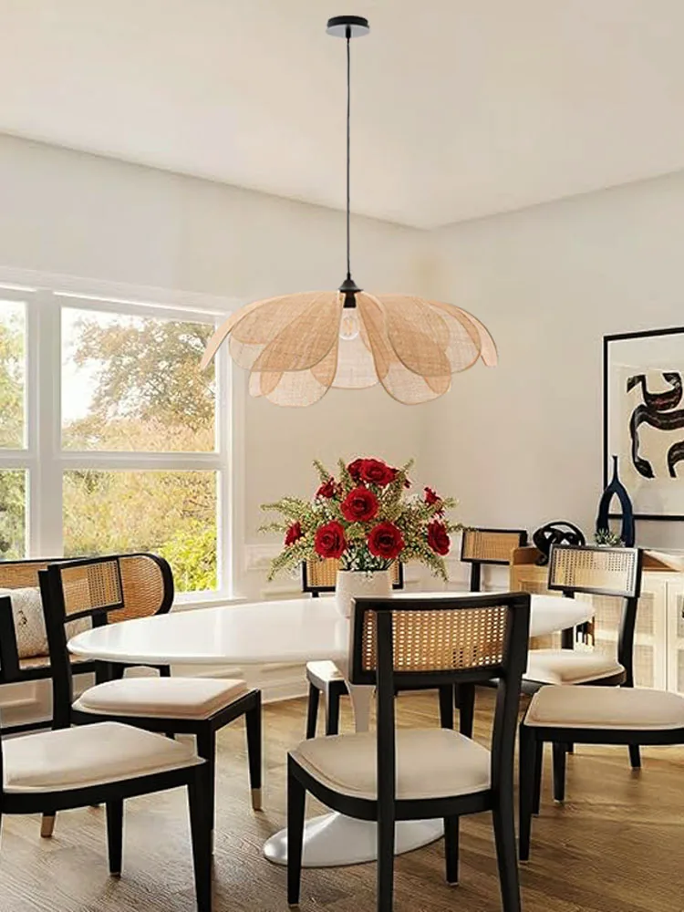 E27 bloemblaadje hanglamp Japanse stijl handgeweven rotan hanglamp eetkamer slaapkamer woonkamer Boho bloemen kroonluchter - afbeelding 2