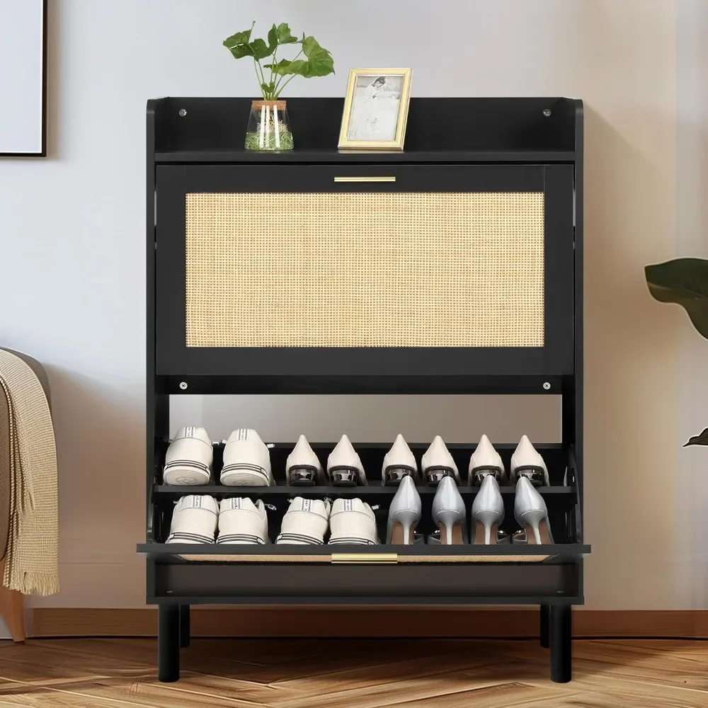 

Extended Shoe Cabinet with Natural Rattan Flip Drawers for Entryway, Free Standing 2 Tier Slim Shoe Organizer with Large Top