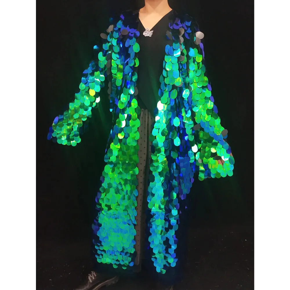 

Gold Green Sequins Mesh Long Coat Party Catwalk Show Overcoat Performance Costume Bar Nightclub Male Women Bling Dance Costume