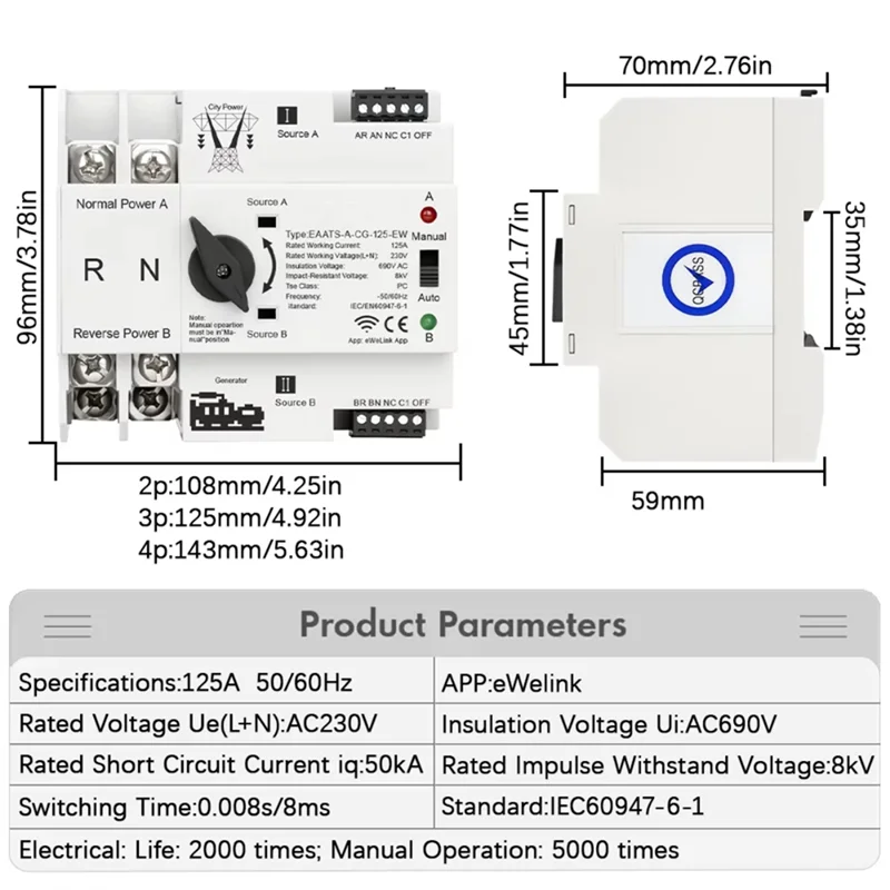 A74E-ATS Ewelink Wifi الذكية المزدوجة الطاقة النقل التلقائي الكهربائية مفتاح جهاز انتقاء إمدادات الطاقة دون انقطاع 125A