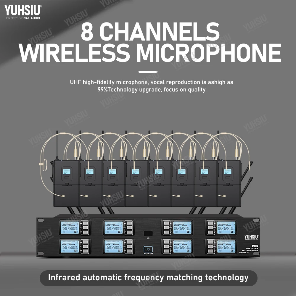 YUHSIU Professional UHF 8 channels Wireless Microphone Handheld lavalier Headset FM Mic For stage performance Band conference