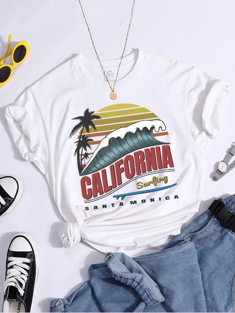 California Surfing Santa Monica Beach Tshirt Women Summer Harajuku T Shirt Casual Classic Clothes Streetwear Hip Hop Clothing