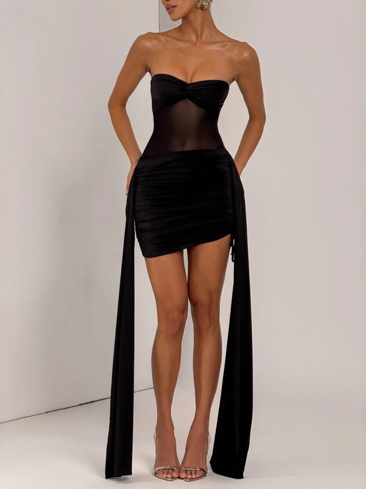 Articat-vestido Sexy de malla con retales, sin tirantes, con cinta, sin espalda, elástico, ceñido al cuerpo, para fiesta y Club, vestido de noche, ropa de playa para vacaciones