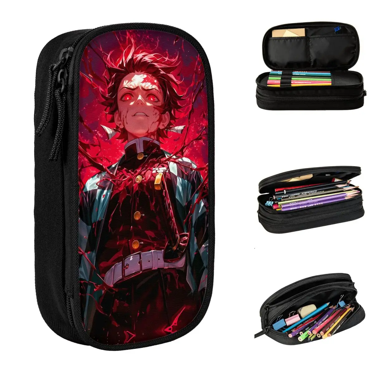 Fashion Demon Slayer Tanjiro Kamado Pencil Case Anime Pencilcases Pen Box Big Capacity Bags School Supplies Gifts Stationery