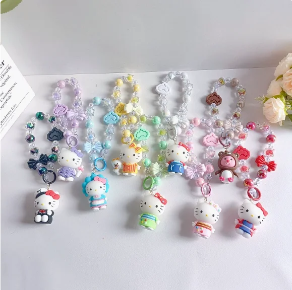 Cadena de cuentas de Hello Kitty de Sanrio, diseño de dibujos animados, versátil, para mochila, llavero, cadena para teléfono móvil, regalo navideño