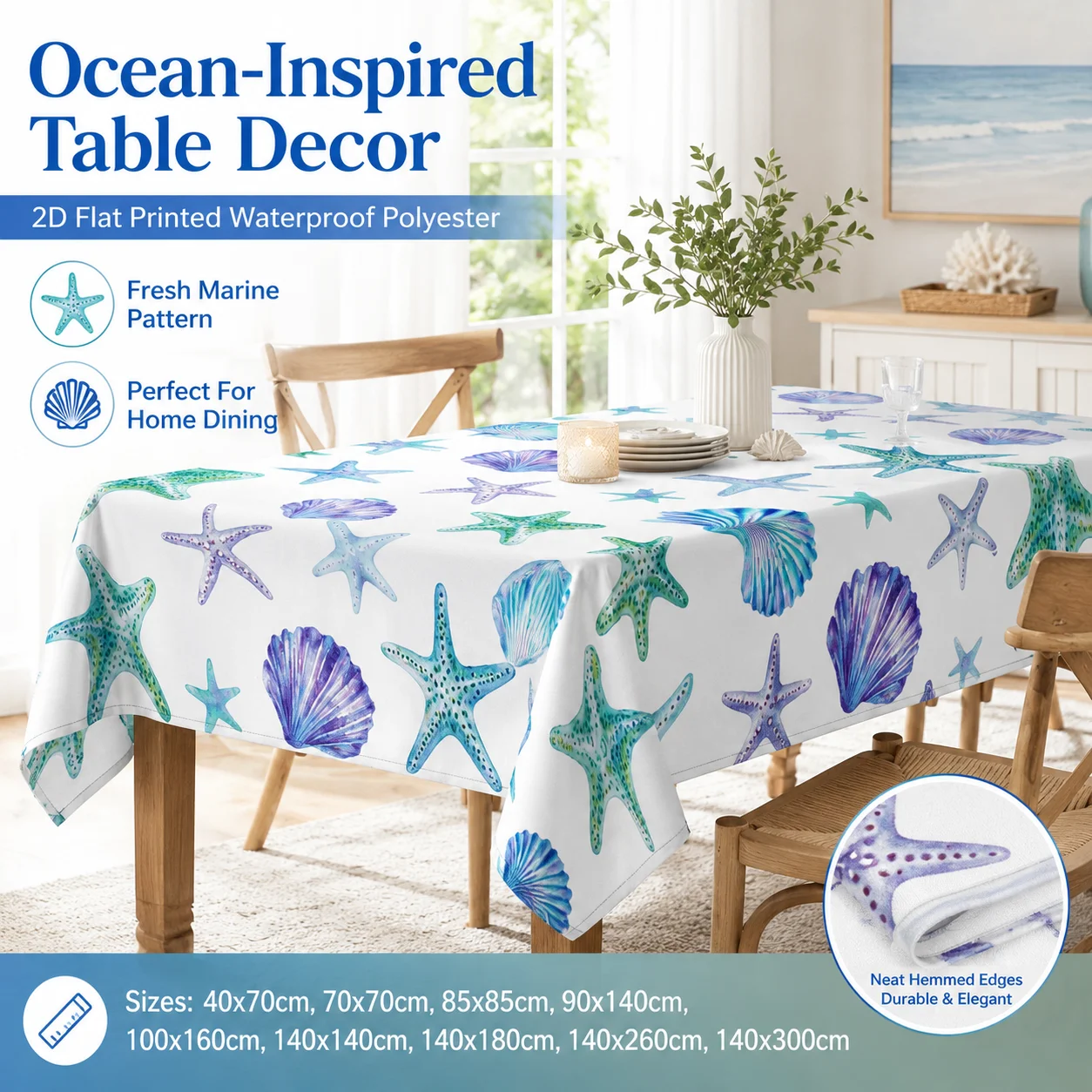 

Ocean Inspired Sea Shell Tablecloth 2D Flat Printed Waterproof Polyester Starfish Table Cover Elegant Home Kitchen Dining Decor