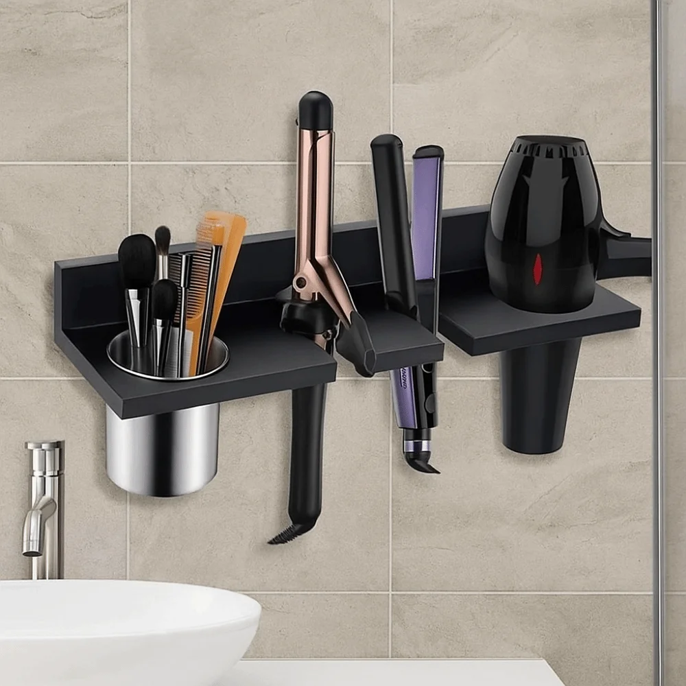 Wooden Hair Dryer Holder Wall-Mounted Stylish Hair Straightener Holder Space Saving Curling Iron Shelf Curling Irons view 4