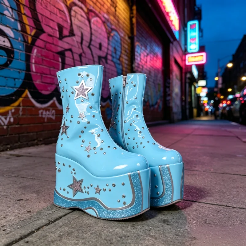 Womens Pink Platform Wedge Ankle Boots Glitter Star Studs Side Zipper Y2K Barbie Booties Cute Glam Sweet Autumn Shoes