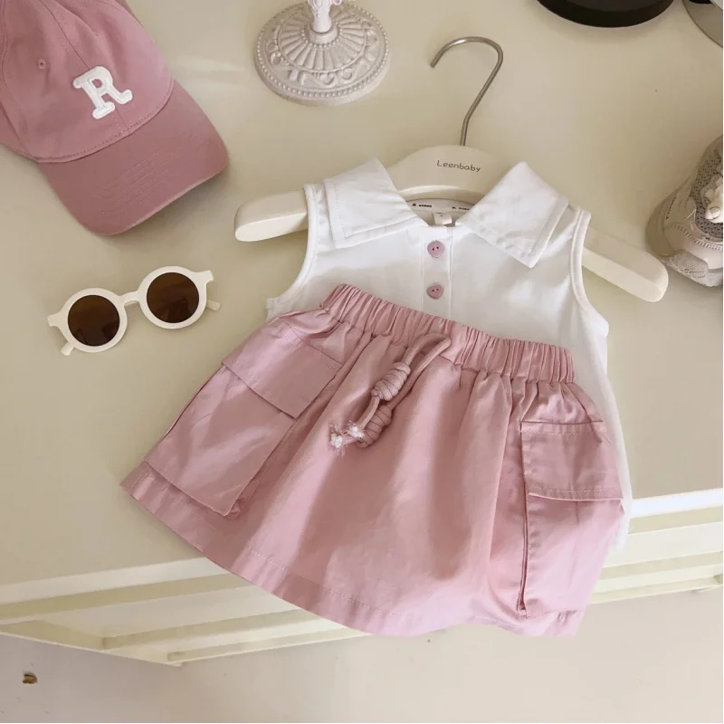 

Girls' Western Style Summer Style2024Children's Western StylePOLOCollar Sleeveless Vest Short Skirt Two-Piece Suit