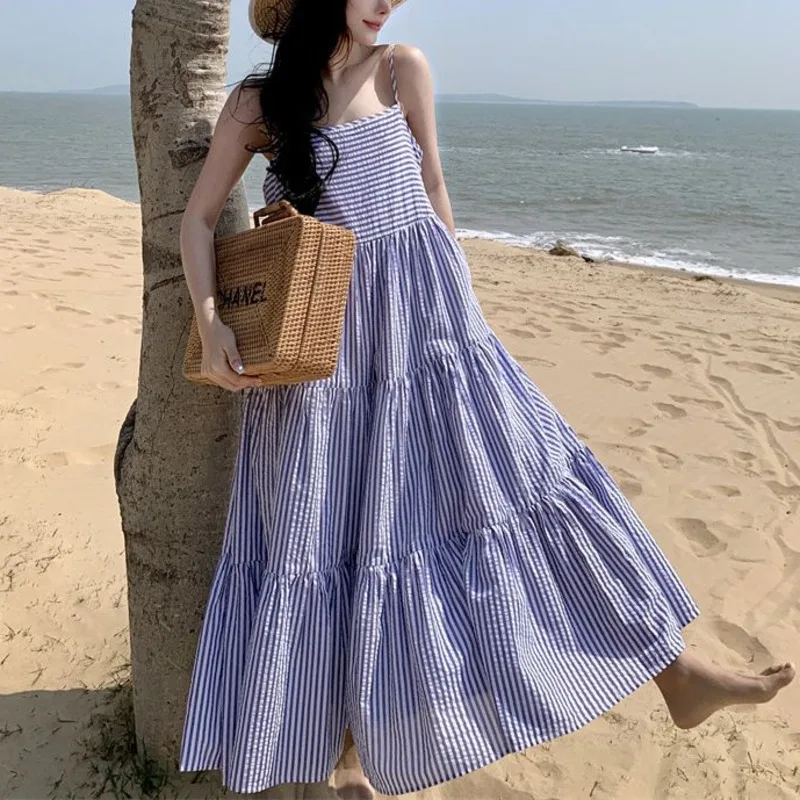 HKSH Sommer Neue frauen Flut Trendy Urlaub Stil High Street Süße Casual Mode Vielseitig Gestreiften Plissee Strap Kleid HK6367