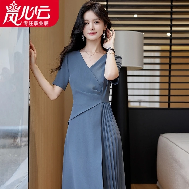 

Elegant Office Work Dresses 2026 Women Summer Dress Square Neck Party Sundress Fashion Short Sleeve Pleated Vestidos Robe