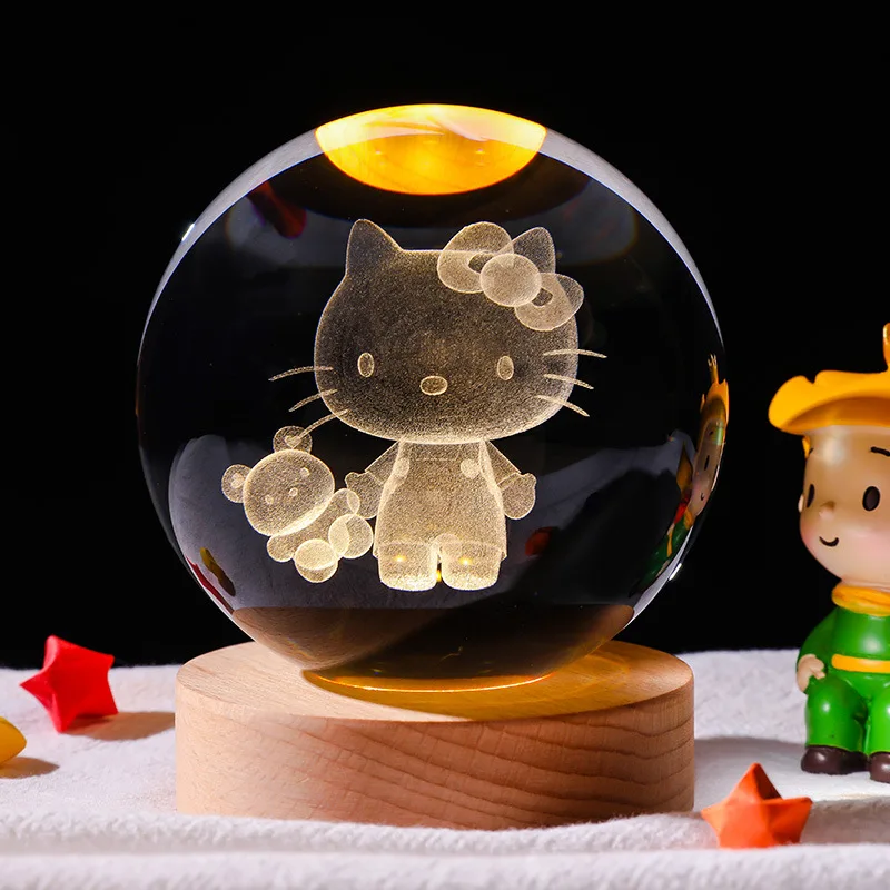 5CM 3D Crystal Ball Night Light Decoration Sanrio Kuromi Hello Kitty Children's Night Lamp Action Figure Glow Toy Birthday Gift