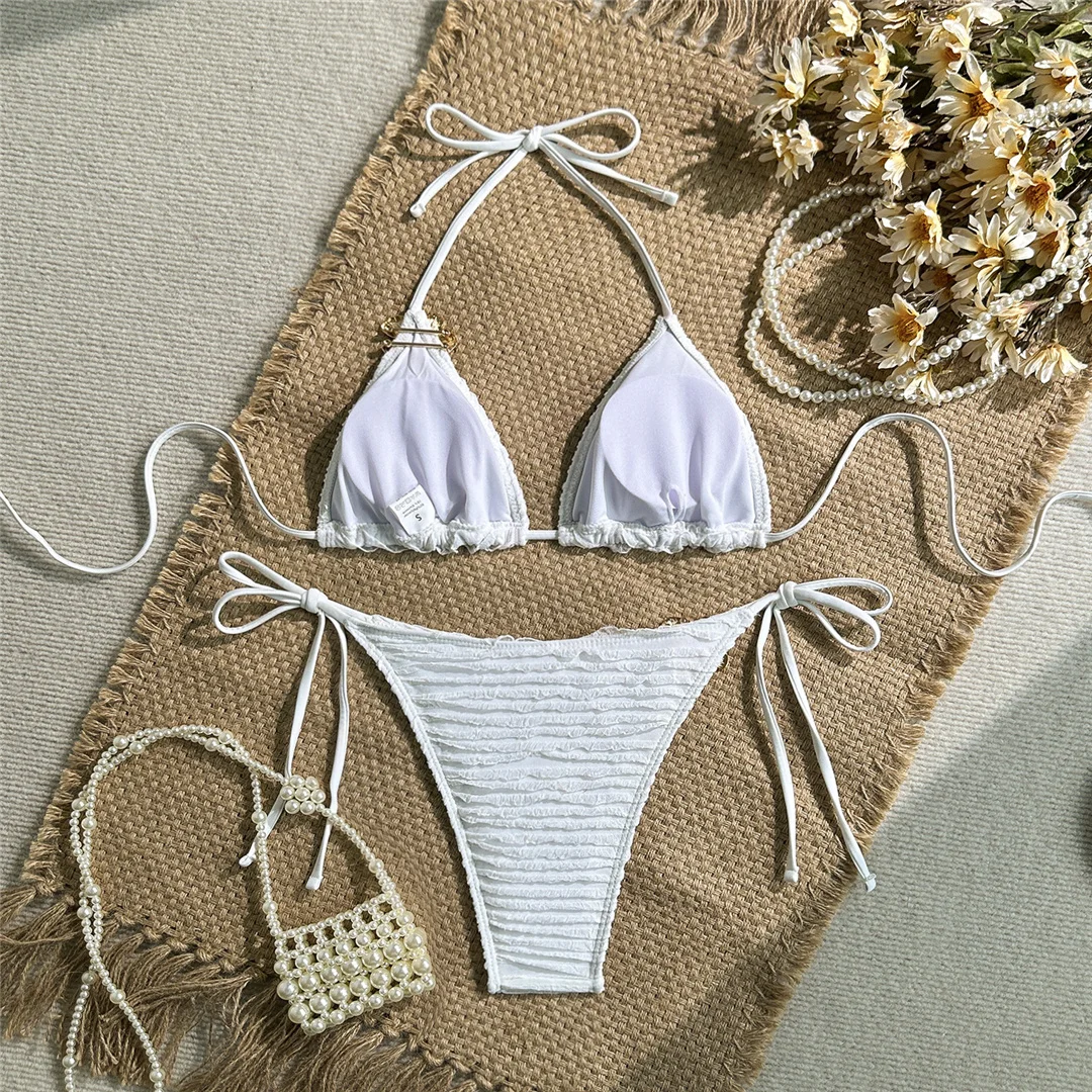 Zweiteiliges Bikini-Set mit Metallblumen-Design, Neckholder-Bikini, Damen-Badeanzug, Damen-Bademode, geraffter, gepolsterter Badeanzug, Badebekleidung, Modell V7478. – Detail 13
