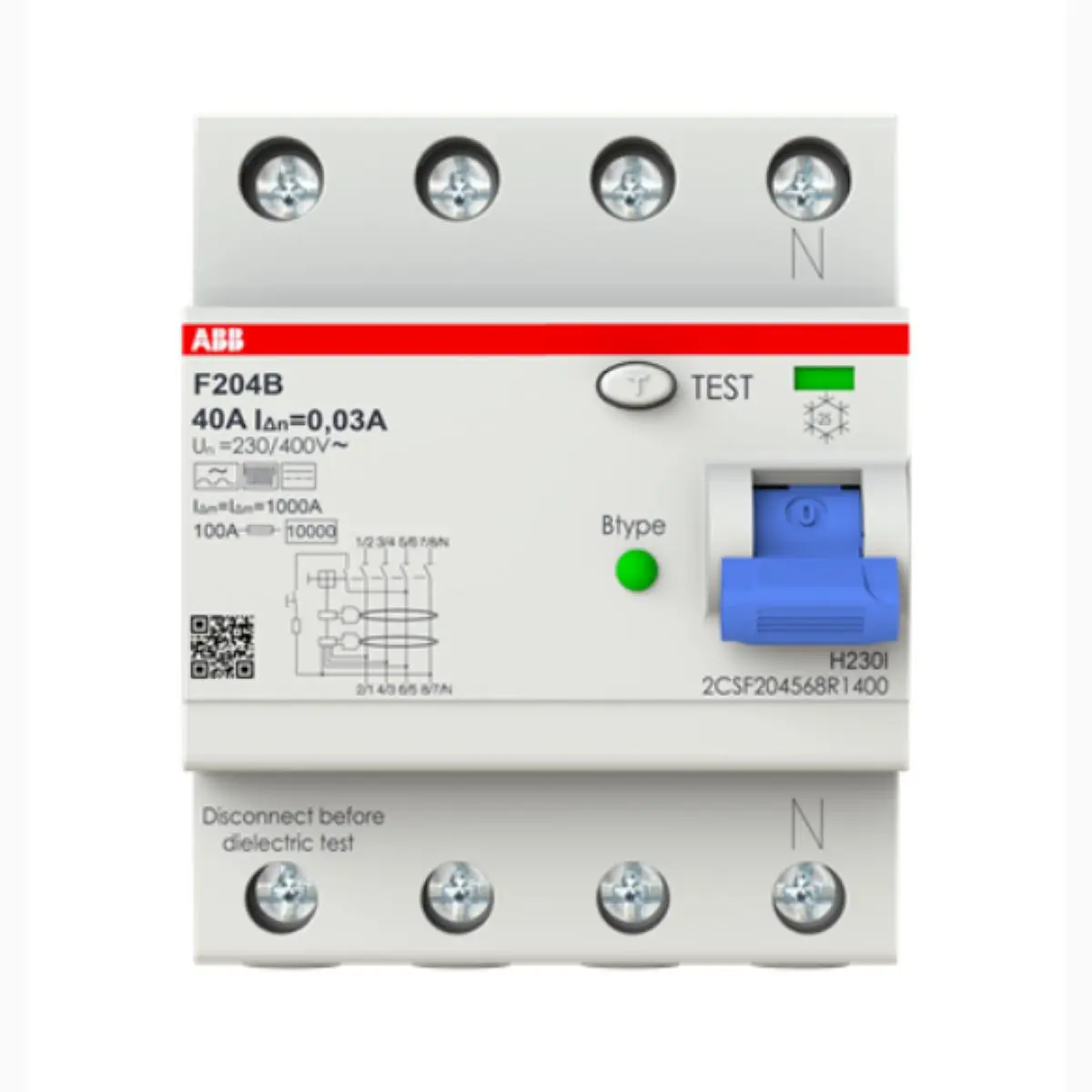 10252767 F204 B-40/0.03 2CSF204568R1400 Residual Current Circuit Breaker F200 - 4P - 30 mA - 40 A - Type B