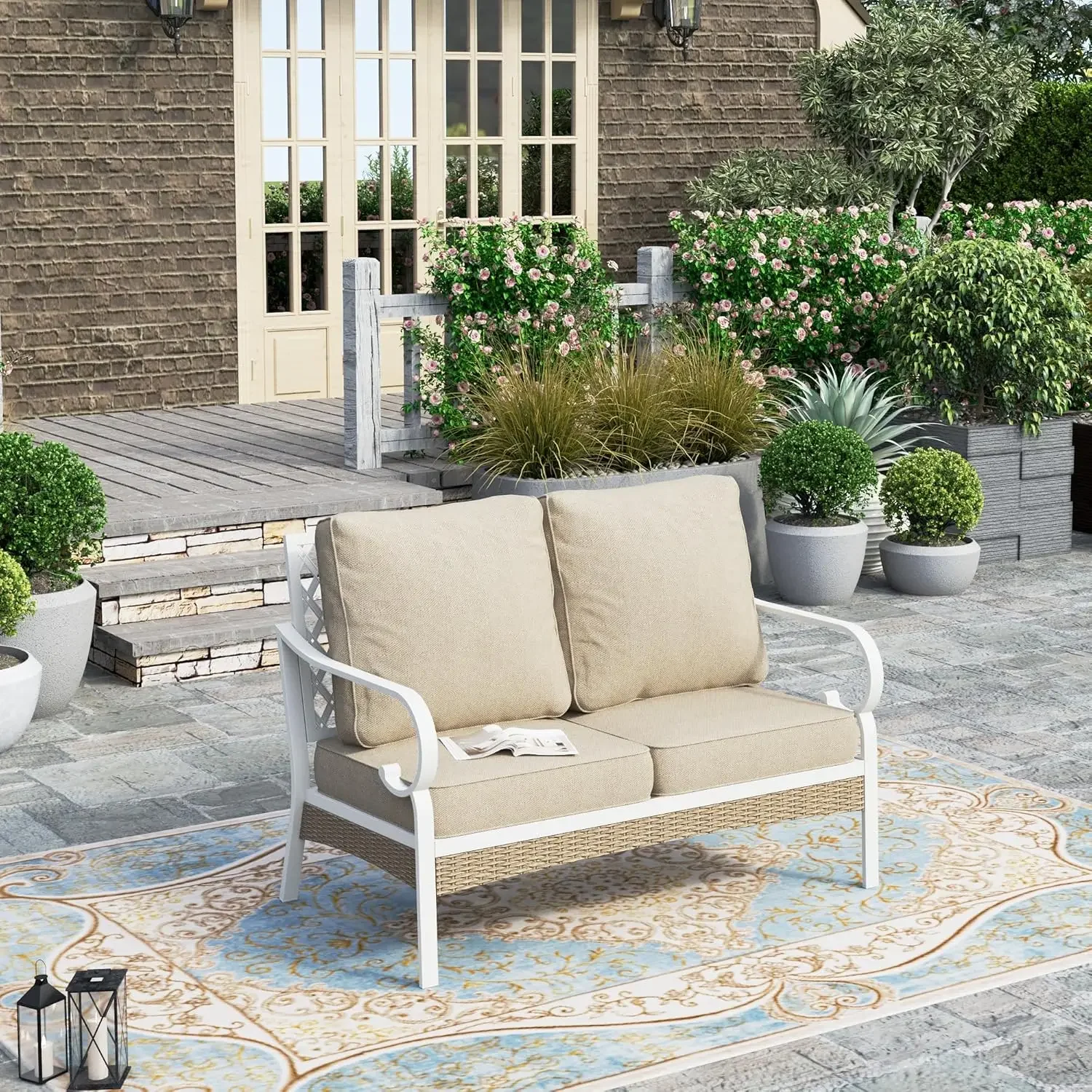 Patio Furniture Sofa, All-Weather 2-Seat Lover Sofa, Outdoor Couch with Deep Seating and Olefin Cushions , Beige