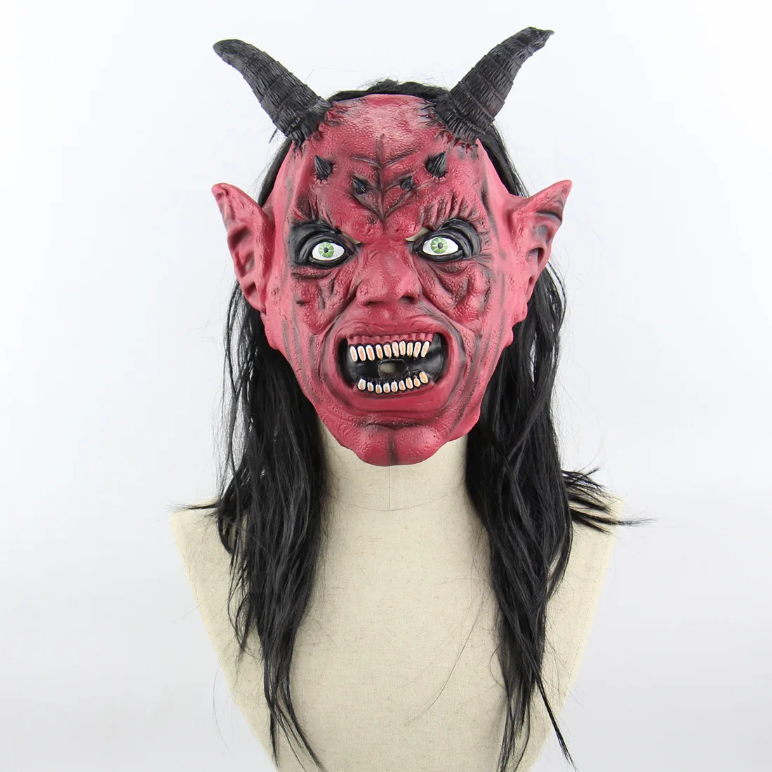 

Devil Latex Mask Headgear, Wig Mask With Horns Halloween Decoration Demon Face Mask Horror Party Cosplay Ball Attire Mask